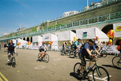 Bikers crossing finish line